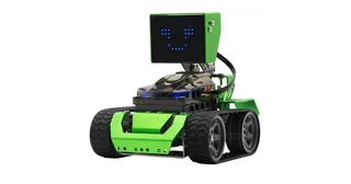 Qoopers de Robobloq en un montaje verde de orugas con pantalla de ojos LED