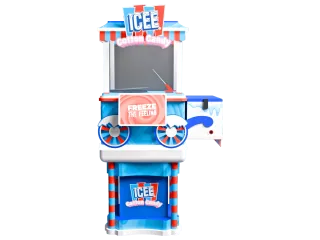 Imagen de la máquina compacta de algodón de azúcar Sweet Robo con decoración ICEE, recipiente abierto y pantalla superior.