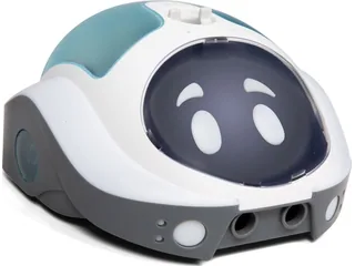 Loti-Bot de TTS blanco y azul con cara dibujada y sensores frontales