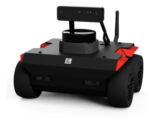 Imagen oficial de un ROSbot 3 de Husarion con cámara frontal, sensor LiDAR en la parte superior y cuatro ruedas.