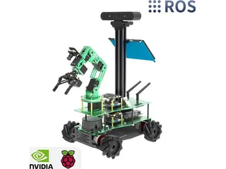 ROSMASTER X3 PLUS con brazo articulado, cámara, lidar y ruedas Mecanum en un montaje de Yahboom