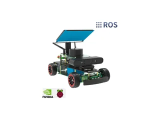 ROSMASTER R2 con cuatro ruedas de goma, cámara y lidar sobre un chasis de Yahboom