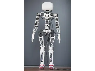 Poppy Humanoid blanco con piezas impresas en 3D y articulaciones visibles