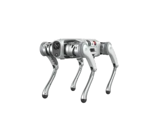 Imagen de producto del cuadrúpedo PUDU D5 blanco y gris, en la versión de cuatro patas sin ruedas.