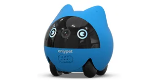 Render oficial de OnlyPet Buddy completo, con carcasa azul, cámara frontal y ruedas, sobre fondo blanco.