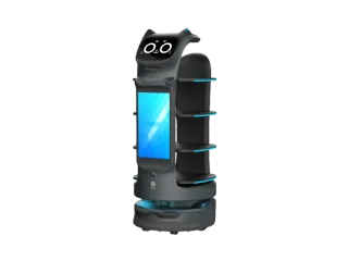 BellaBot Pro negro visto de tres cuartos, con orejas de gato, bandejas y una gran pantalla publicitaria frontal.