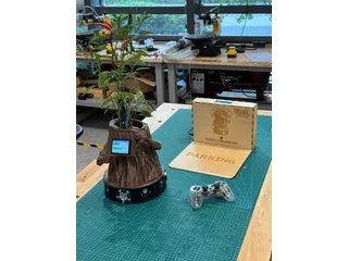 Fotografía de Hongfeng Yu de Forest Fairy completo, con una planta de chile, pantalla frontal y base de tres ruedas, junto a su estación y mando.