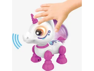Imagen oficial de Robo Heads Up Unicorn rosa y blanco, con una mano sobre su cabeza.