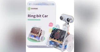 Ring:bit Car V2 de Elecfreaks con estructura blanca, ruedas negras, micro:bit y sensor ultrasónico en un montaje junto a su caja