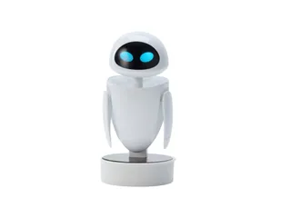 EVE Mini de Robosen, blanca con ojos azules iluminados sobre un soporte circular blanco