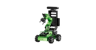 Fotografía oficial del JetAuto Pro verde con ruedas mecanum, brazo superior y pantalla.