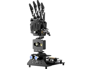 Mano robótica negra AiHand de Hiwonder sobre base con sensores y una placa micro:bit