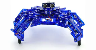 Hexy azul de cuerpo completo, con seis patas articuladas y sensor ultrasónico frontal.