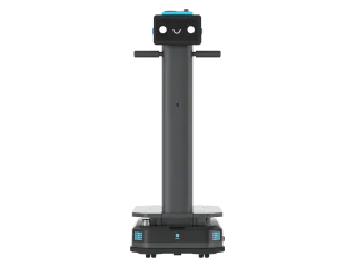 Imagen oficial del PUDU T300 negro, con plataforma de carga baja, columna vertical y pantalla frontal.