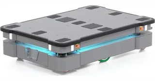 Render oficial del MiR600 gris con plataforma superior rectangular y franja luminosa azul