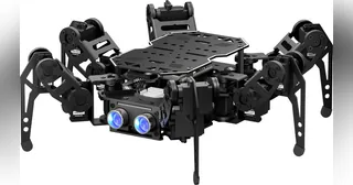 Hexápodo negro miniHexa de Hiwonder con seis patas y sensor ultrasónico frontal
