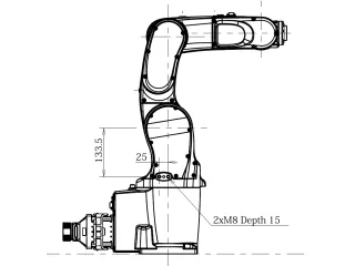 Vista lateral completa del DENSO VS-050 extraída de su plano oficial; conserva base, brida y algunas cotas.