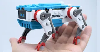 Fotografía de un Petoi Quaddle azul y blanco sobre la palma de una mano, con los mecanismos de sus patas visibles; miniatura del vídeo oficial.