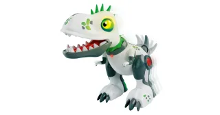 DinoPunk blanco y verde con mandíbula abierta y cola articulada.
