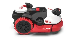 Render oficial de un cortacésped Kress EyePilot completo, con carcasa blanca, negra y roja.