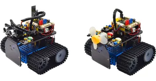 Dos configuraciones montadas del Mini Tank V3 con orugas: una con ventilador y otra con matriz LED.