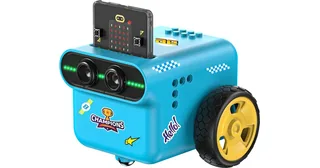 TPBot EDU azul con ruedas amarillas y una placa micro:bit instalada en la parte superior