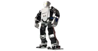 Robovie-X de Vstone de cuerpo entero, con estructura negra y carcasa blanca.