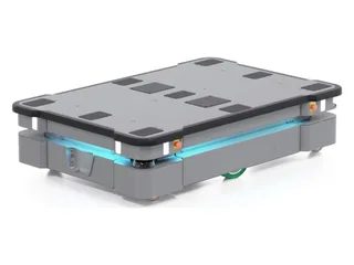 Render oficial del MiR600 gris con plataforma superior rectangular y franja luminosa azul