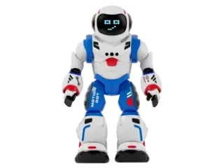 Bruce Bot blanco y azul con detalles rojos y rostro LED.