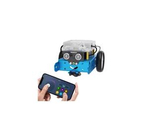 Imagen oficial del mBot original azul de Makeblock, con sensor ultrasónico frontal y control mediante móvil.