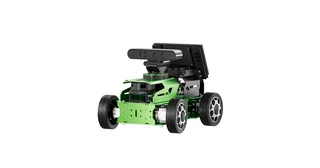 Fotografía oficial del JetAcker verde de Hiwonder con ruedas, cámara y pantalla superior.