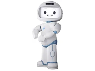 QTrobot blanco y azul de cuerpo completo con pantalla facial y brazos articulados.