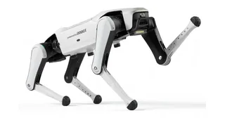 Render oficial de INFFNI Rover X1 completo con patas de apoyo, en una pose de interacción sobre fondo blanco.