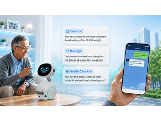 Robot de compañía de ASUS presentado junto a una persona.