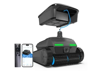 Render promocional oficial de AIRROBO CP400 completo con módulo flotante unido por cable, mando y teléfono, sobre fondo blanco.