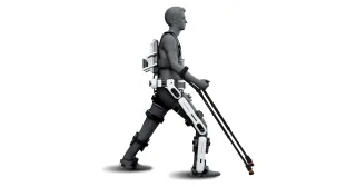 Render oficial de Angel Legs M20 colocado sobre una figura humana con muletas.