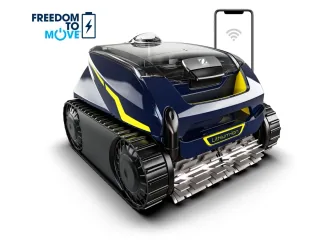 Zodiac Freerider RF 5400 iQ azul y amarillo con cepillos frontales.