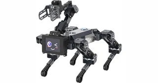 DOGZILLA-Lite negro con cuatro patas, brazo superior con pinza y una cara en la pantalla frontal