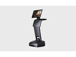 Robot temi con pantalla elevada y base móvil negra sobre fondo claro.