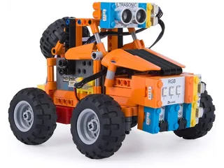 Fotografía oficial del ELEGOO Building Block Car naranja, con ruedas y sensor ultrasónico frontal.