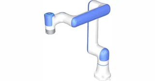 Representación técnica del brazo DOBOT Nova 5 blanco y azul, en una postura elevada sobre su base