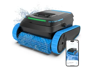 Render promocional oficial de AIRROBO CP40 completo, con orugas y rodillo azul, junto a un teléfono, sobre fondo claro.