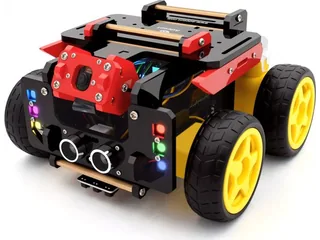 AWR de Adeept con cuatro ruedas amarillas, estructura roja y negra y sensor ultrasónico frontal.