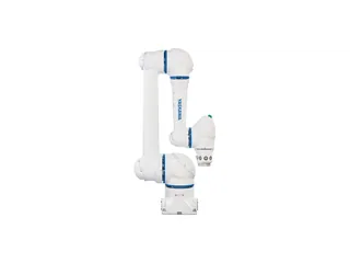 Render oficial del cobot Yaskawa HC10DTP blanco con aros azules en sus articulaciones