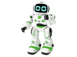Bionic de Xtrem Bots, blanco y verde, con ojos luminosos.