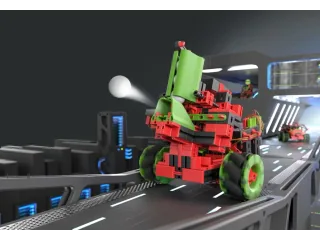 Vehículo de Smart Robots Max con ruedas omnidireccionales y piezas verdes y rojas.
