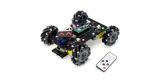 Fotografía oficial del Freenove Mecanum Wheel Car con ruedas negras de rodillos y mando infrarrojo.