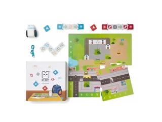 Robot KUBO Coding junto al mapa de actividades y las piezas TagTiles.