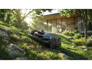 Imagen promocional del Sunseeker S5 LiDAR negro y gris sobre el césped de un jardín, con el sensor circular elevado.