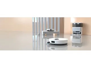 Render promocional oficial de Mamibot Ultra T20 OmniBase completo, con el robot blanco delante de su estación.
